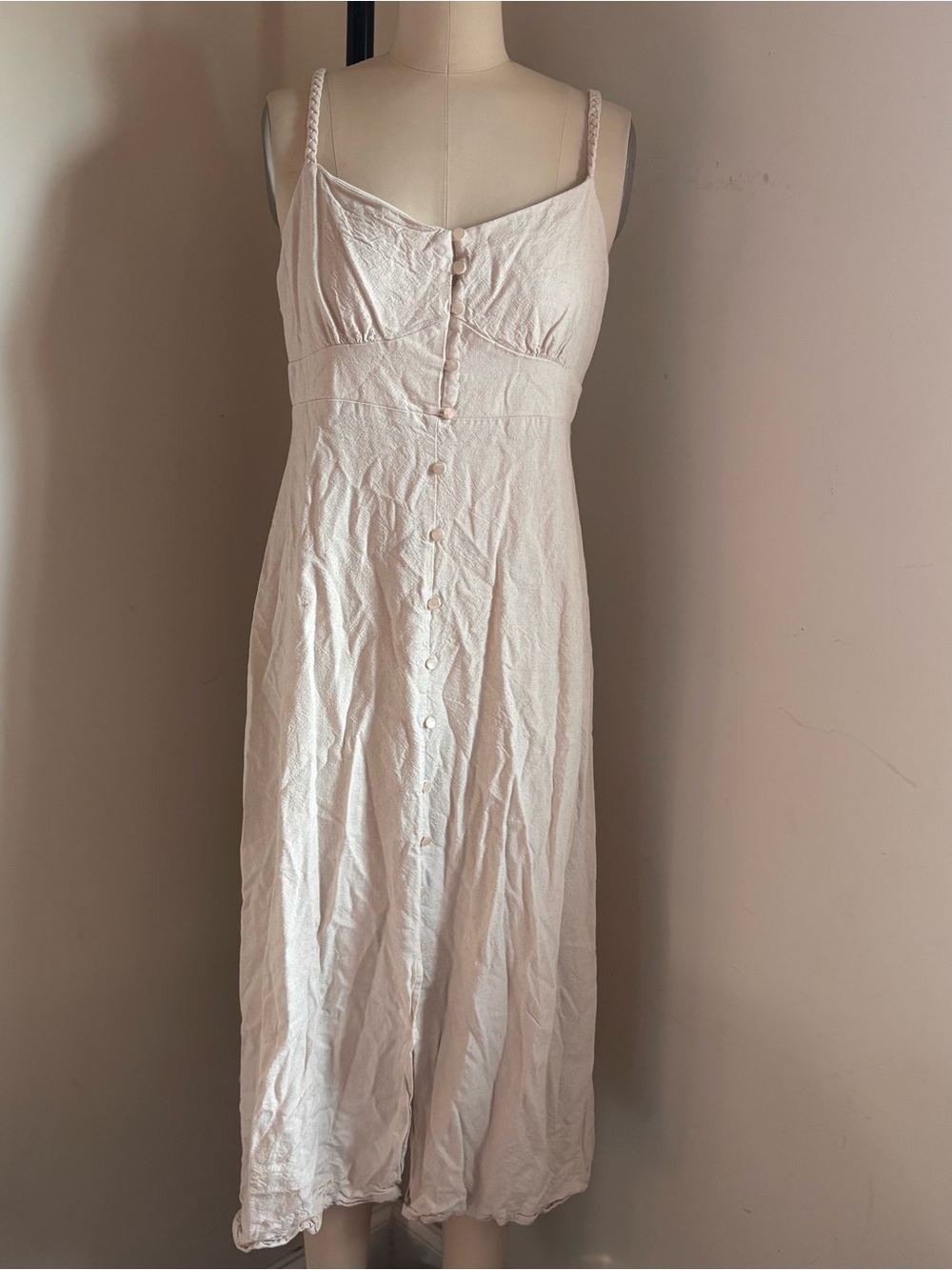 Monteau Beige Button-Front Linen Blend Midi Dress